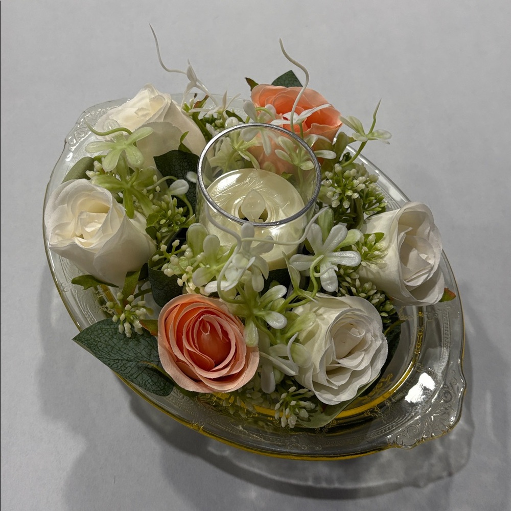 Flameless luminary faux floral arrangement in yellow Depression Cameo ballerina